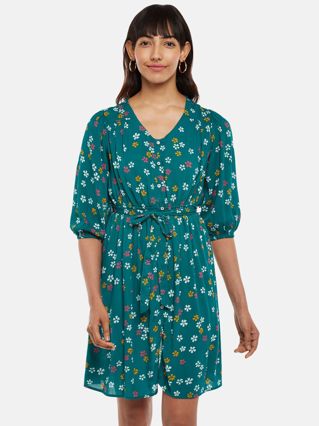 People Women Teal Floral Printed A-Line Dress