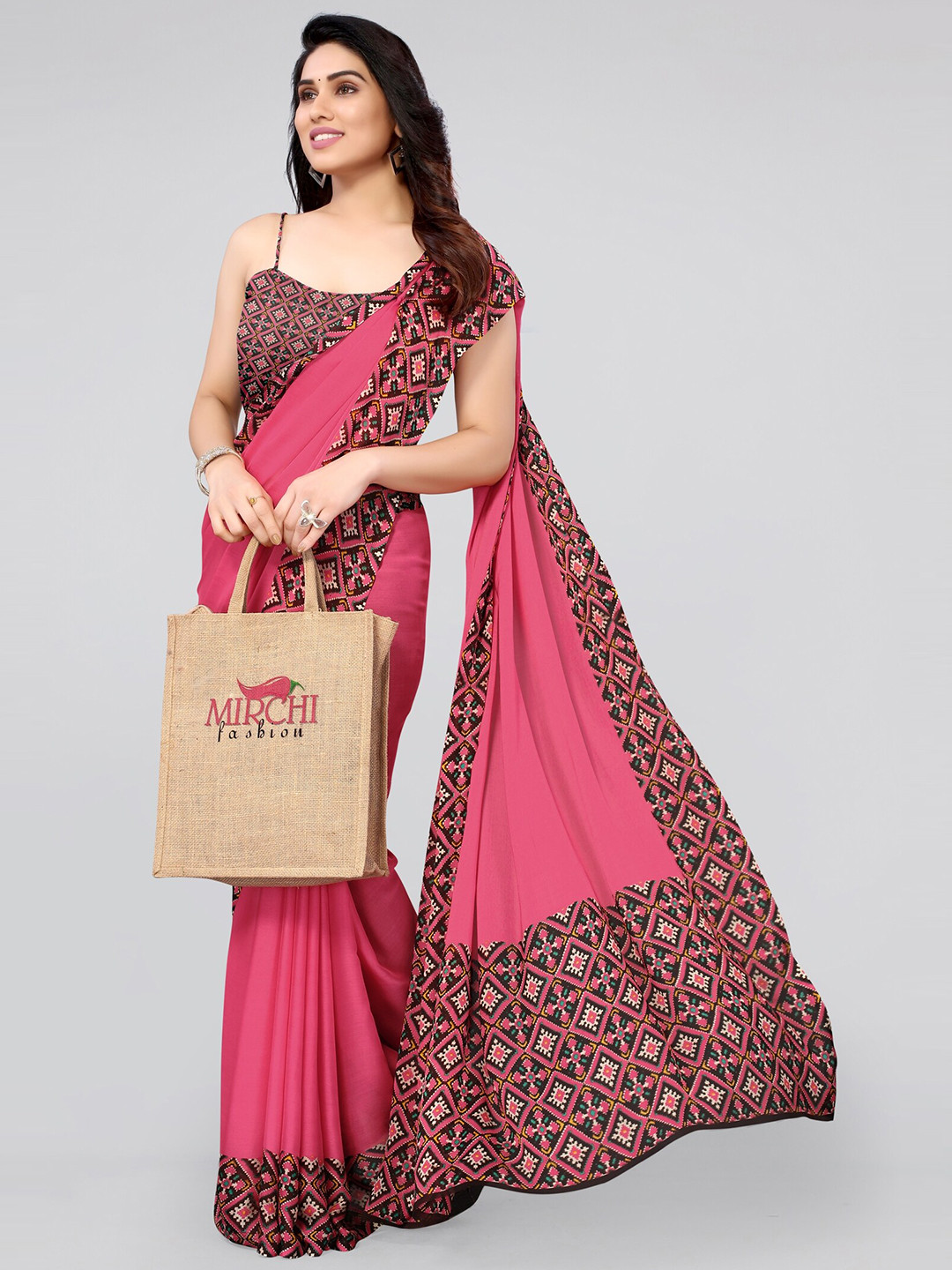 KALINI Pink & Brown Ethnic Motifs Poly Chiffon Saree