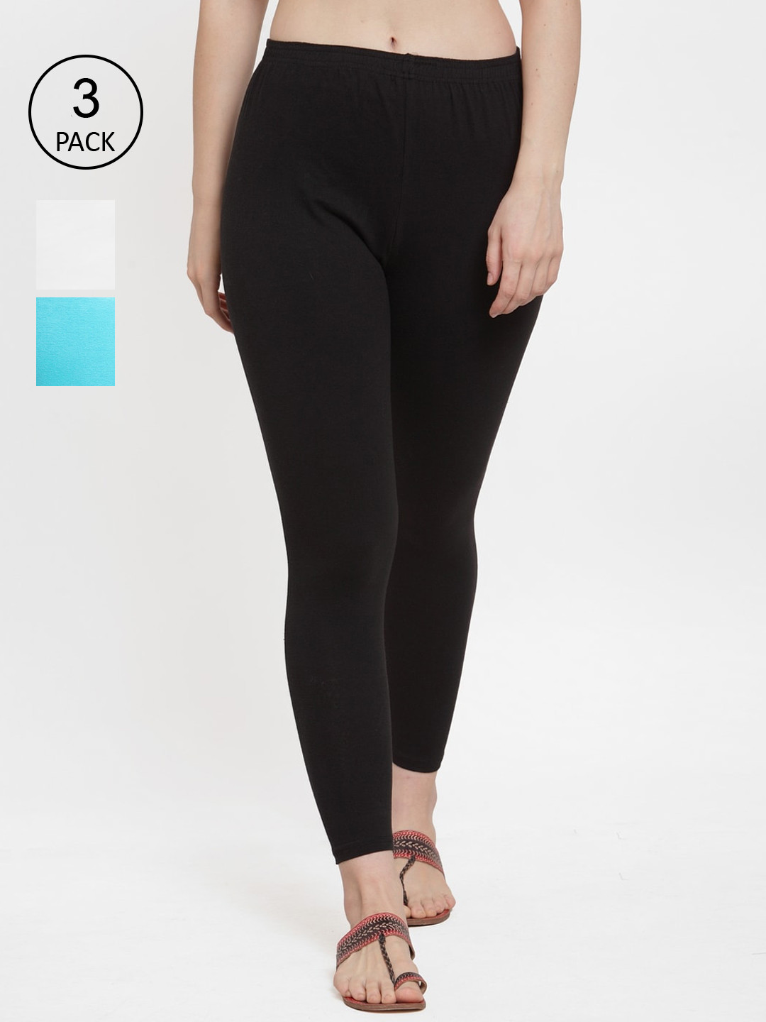 Jinfo Women Black White & Blue Pack Of 3 Solid Ankle-Length Leggings