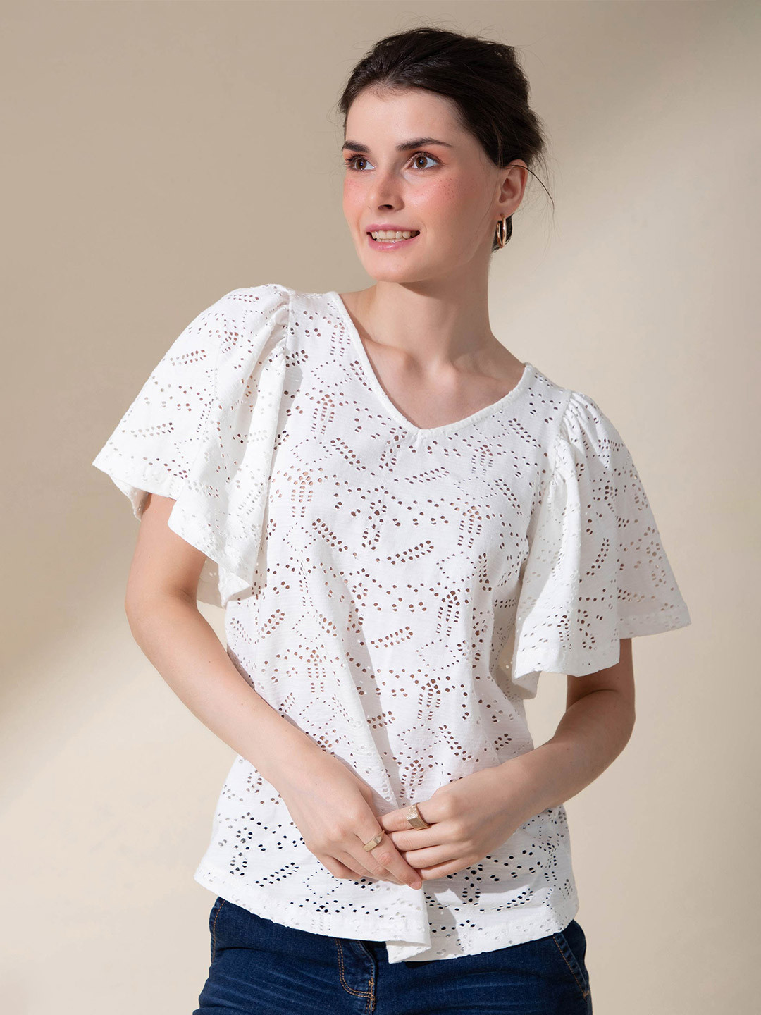 B.Copenhagen Off White Self Design V-Neck Flutter Sleeves Top