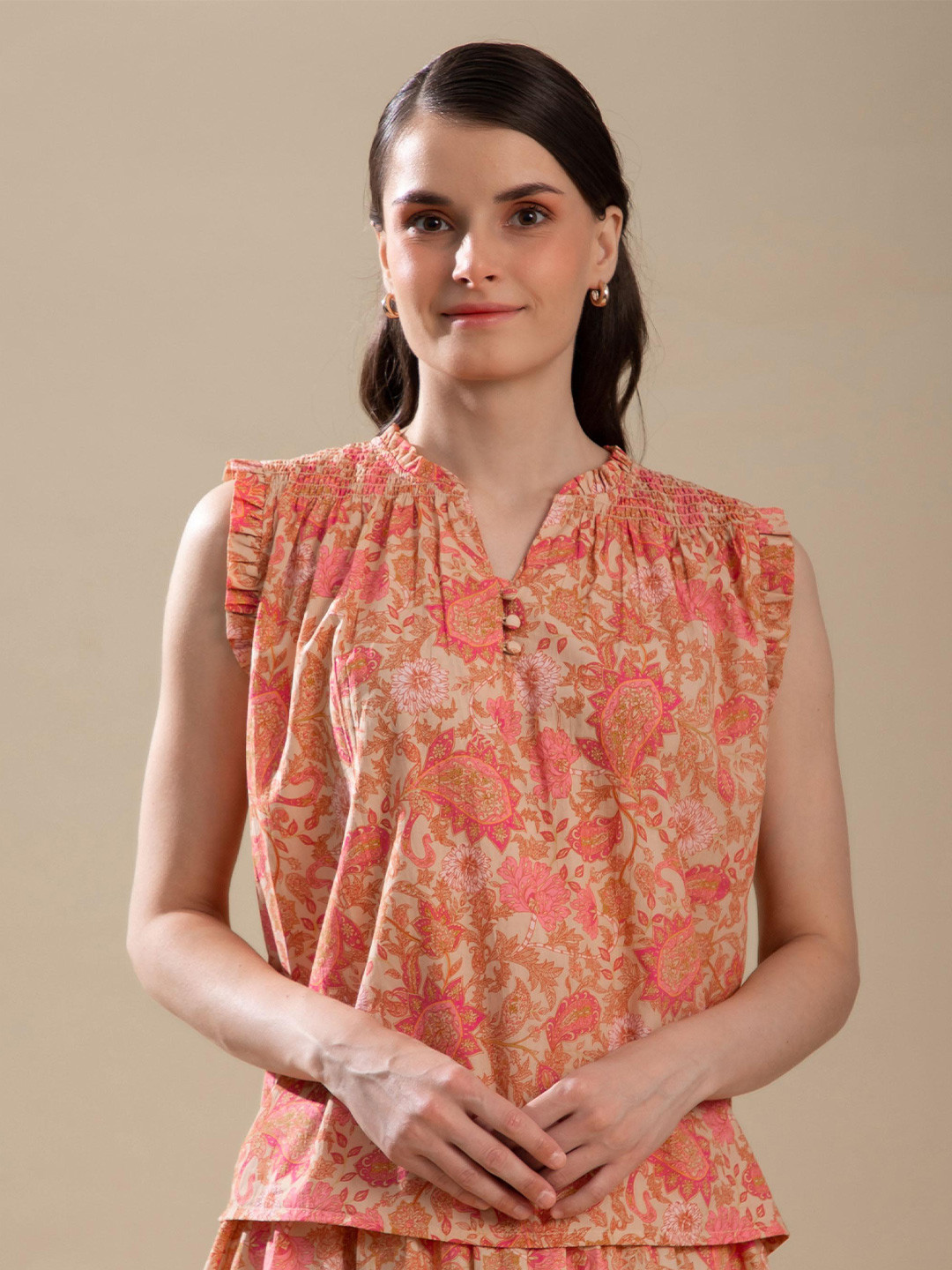 B.Copenhagen Orange & Pink Print Mandarin Collar Top