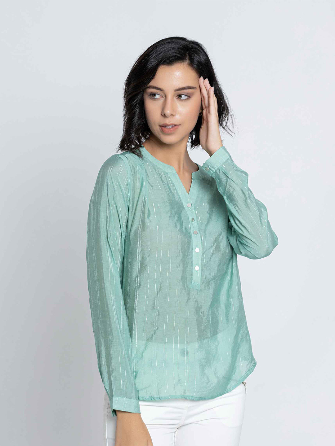 B.Copenhagen Women Green Mandarin Collar Shirt Style Top