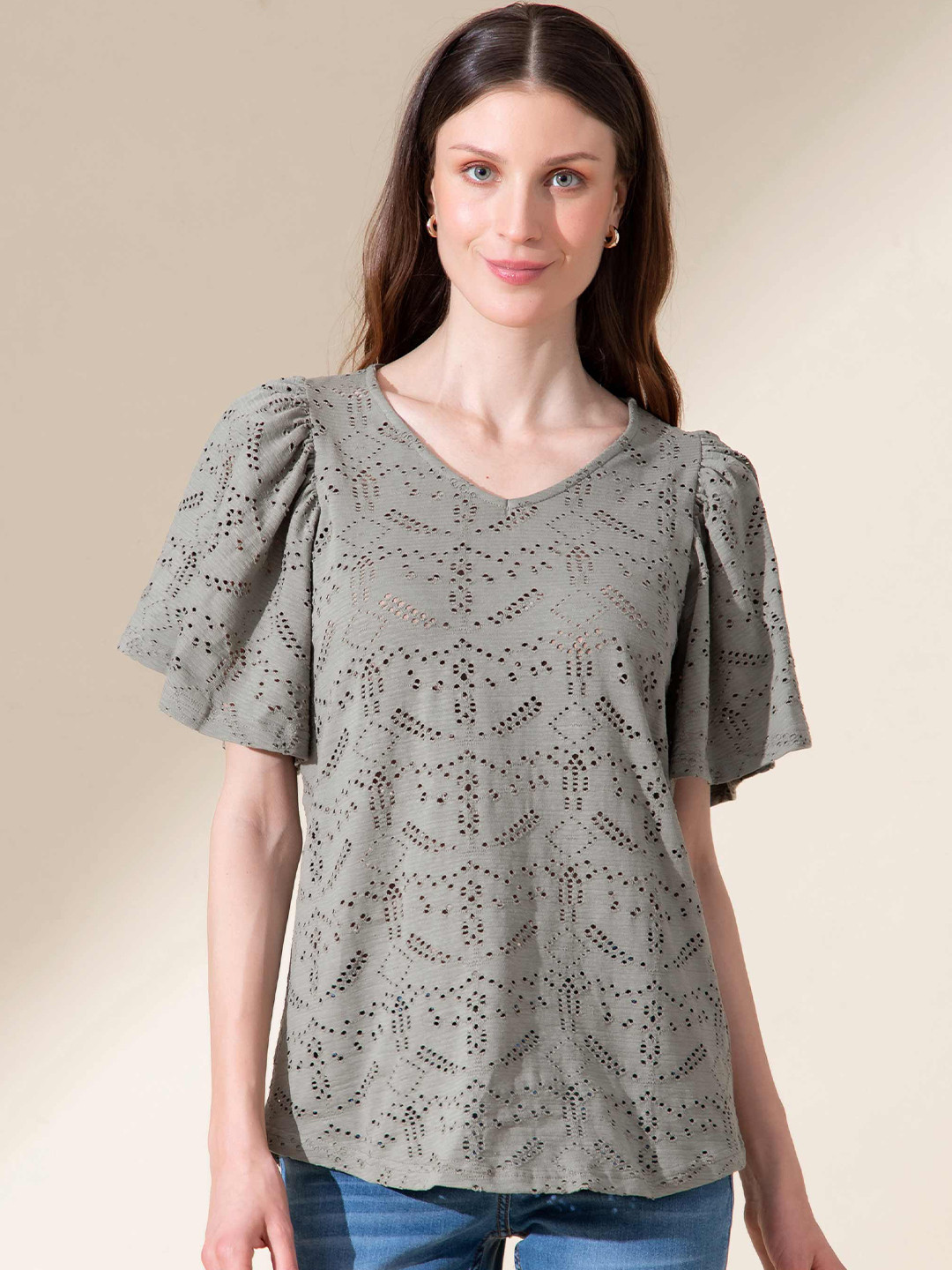 B.Copenhagen Green Self Design Schiffli Pure Cotton Top