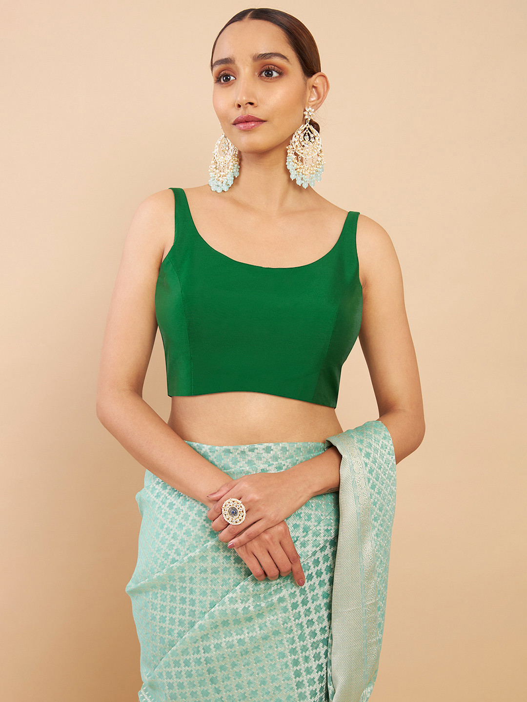 Soch Women Green Solid Silk Saree Blouse