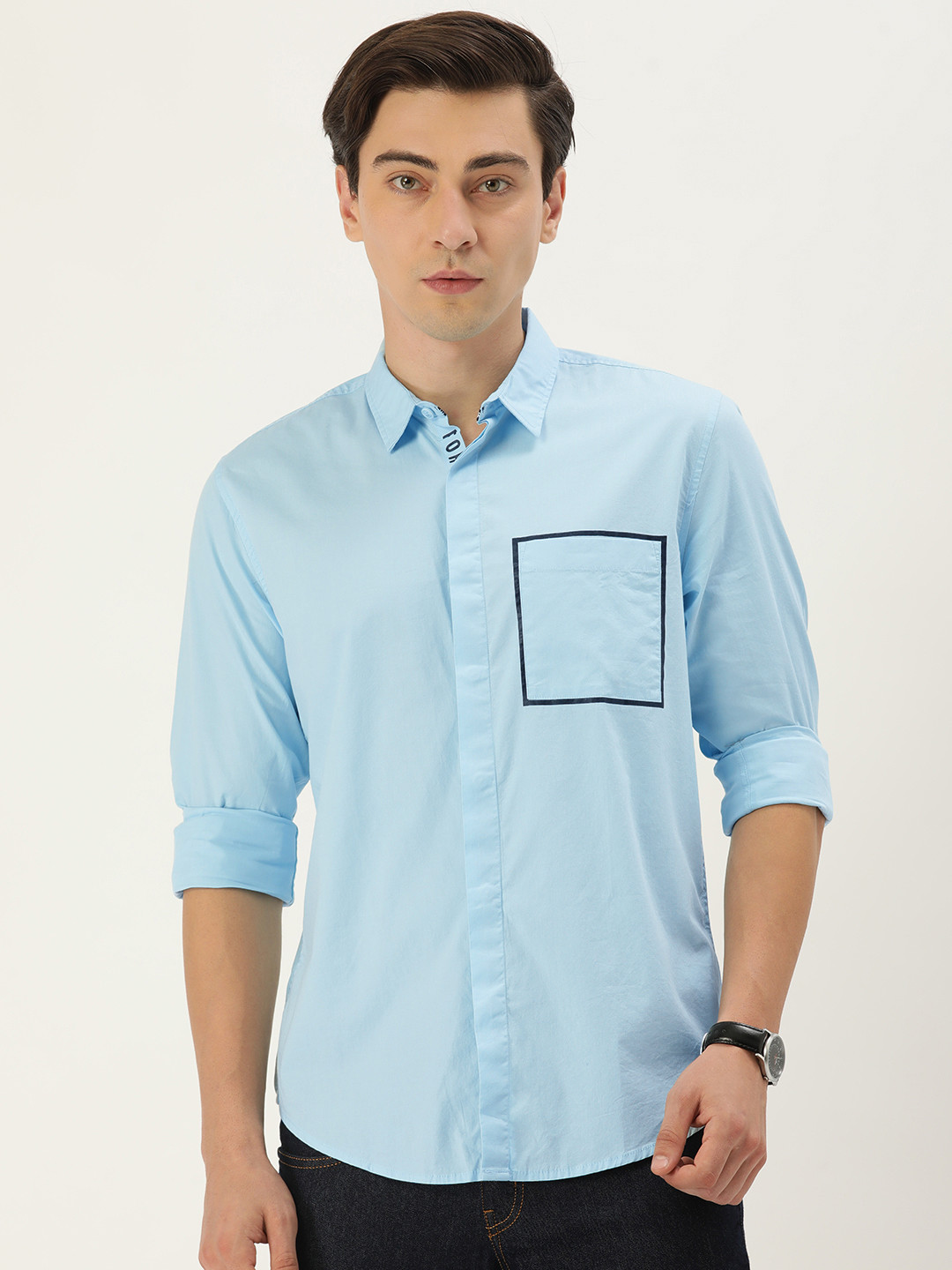 FOREVER 21 Men Light Blue Solid Regular Fit Casual Shirt