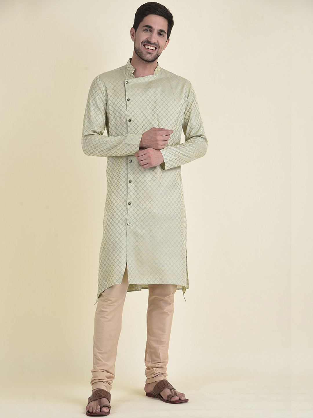 TABARD Men Grey Panelled Pure Cotton Printed Kurta with Churidar