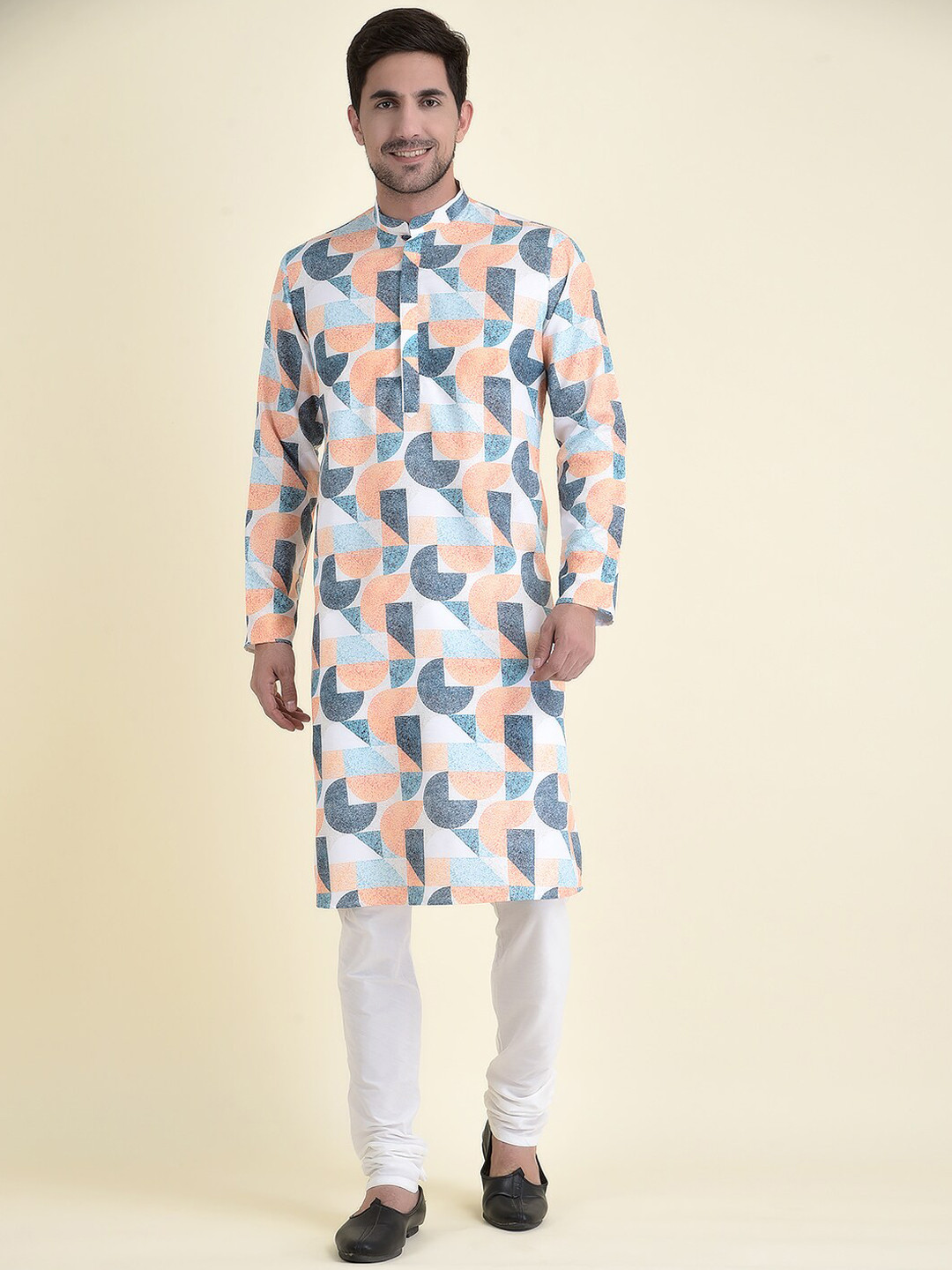 TABARD Men Orange Cotton Printed Kurta With Churidar