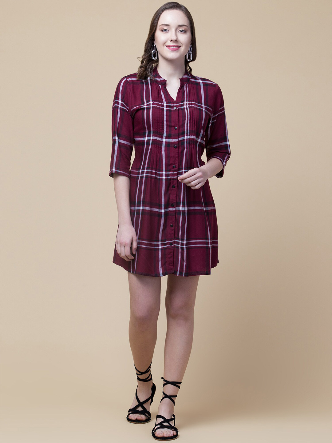 Hive91 Maroon & White Checked Shirt Dress