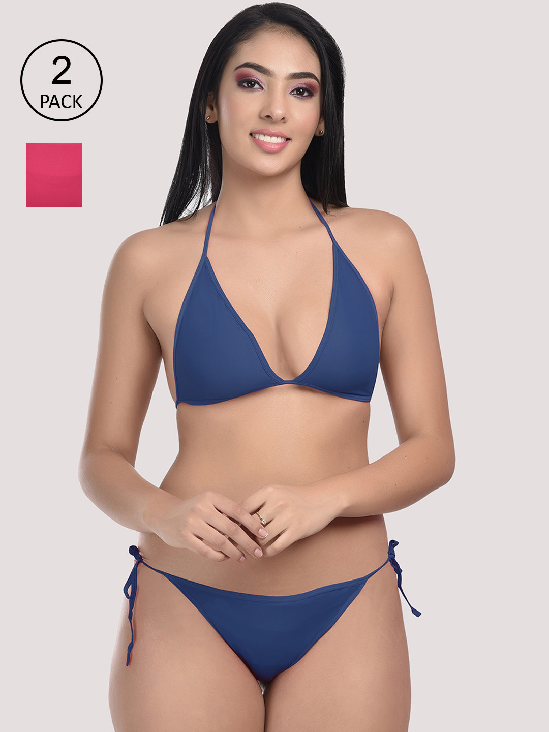 StyFun Women Pack Of 2 Pink & Blue Solid Satin Lingerie Set-S_Satin_PinkNavy_B