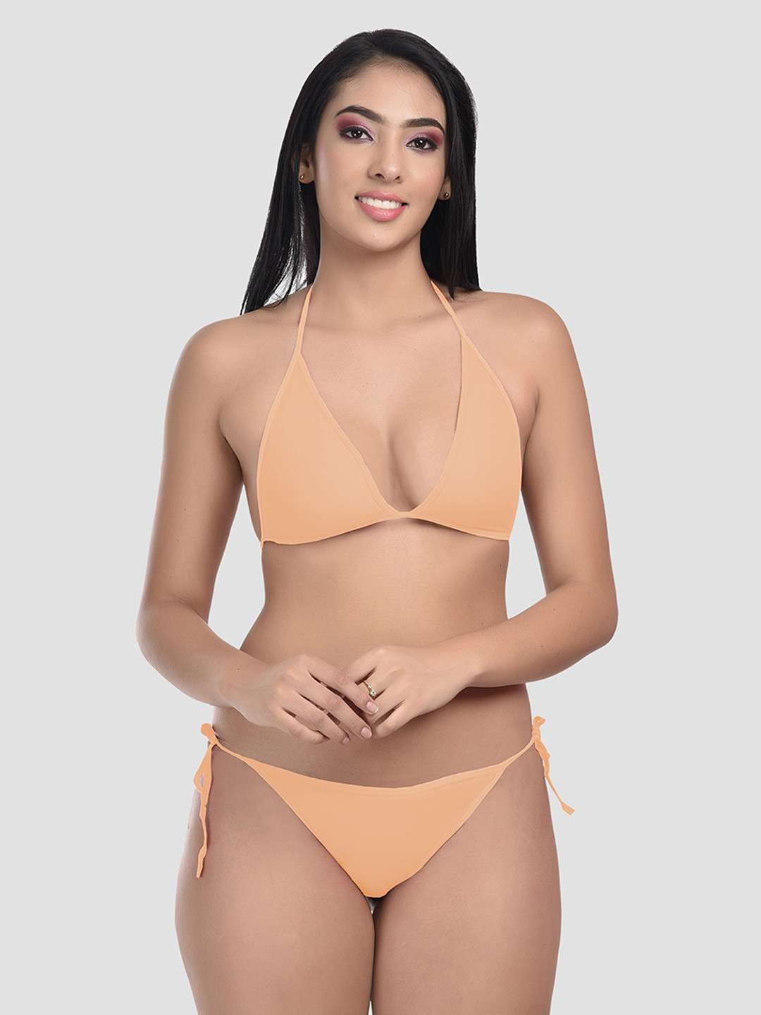 StyFun Beige  Satin Bikini Set Solid Print Pack of 1 Lingerie Set