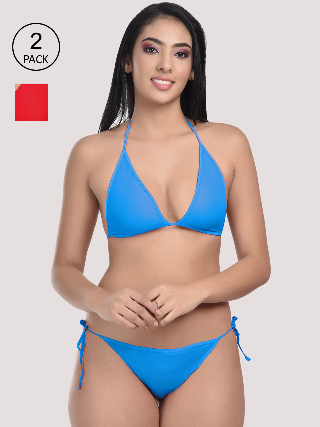 StyFun Women Pack of 2 Red & Blue Solid Lingerie Set S_Satin_RedSky_B