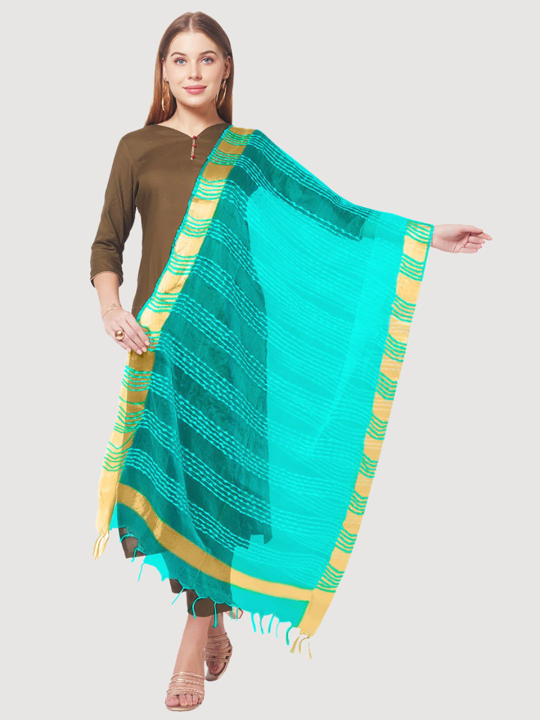 Dupatta Bazaar Teal & Gold-Toned Woven Design Organza Dupatta