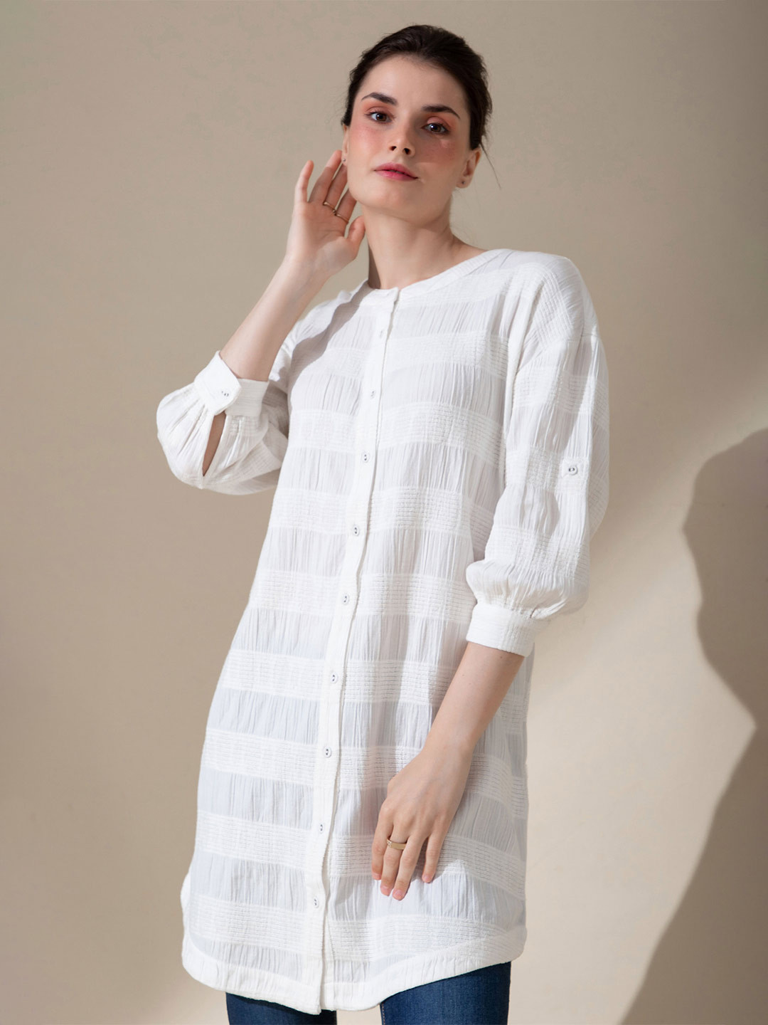 B.Copenhagen Women Off White Horizontal Stripes Striped Casual Shirt