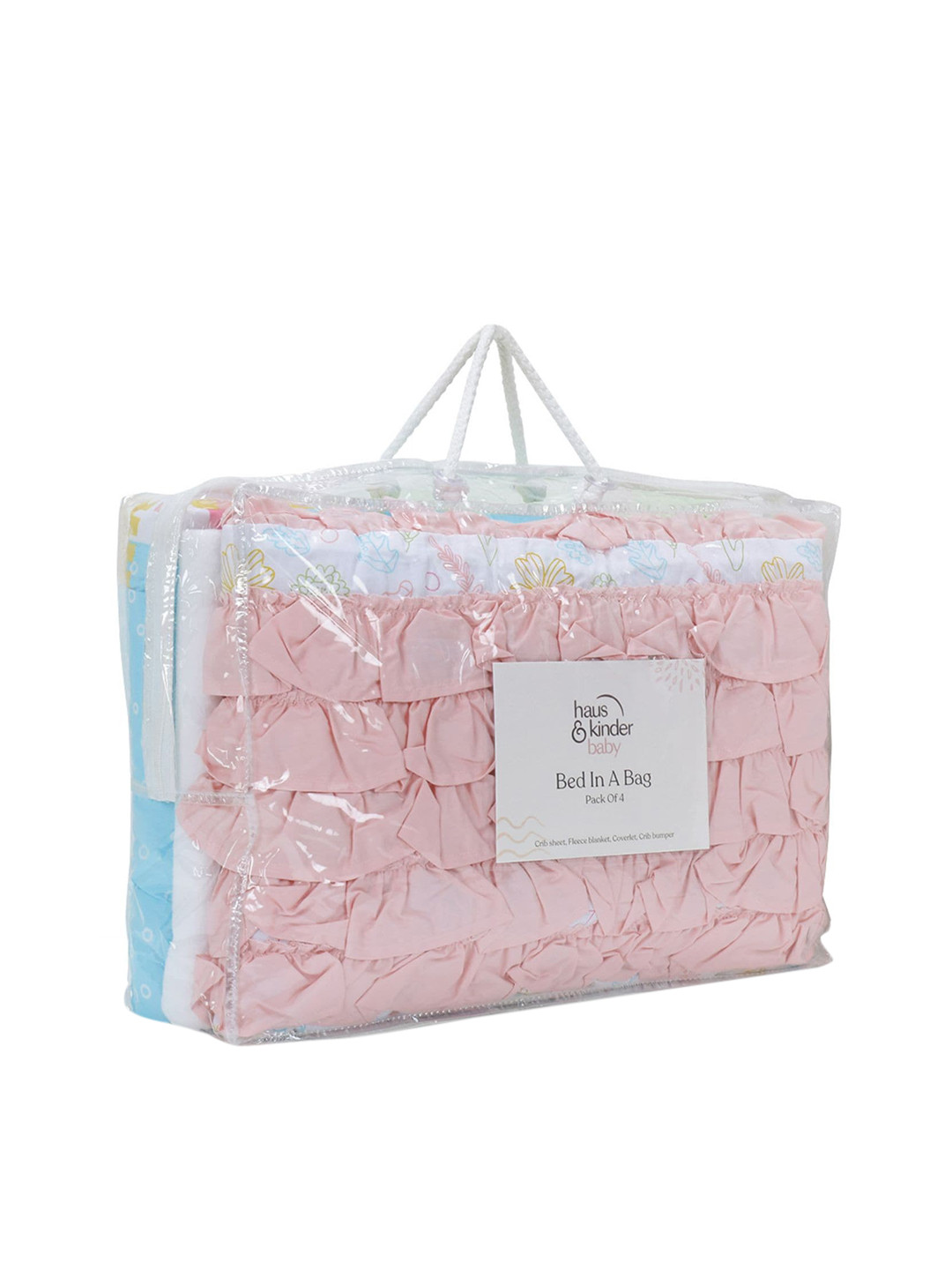 haus & kinder Infants White & Pink Pack Of 4 Printed Pure Cotton Baby Bed Set