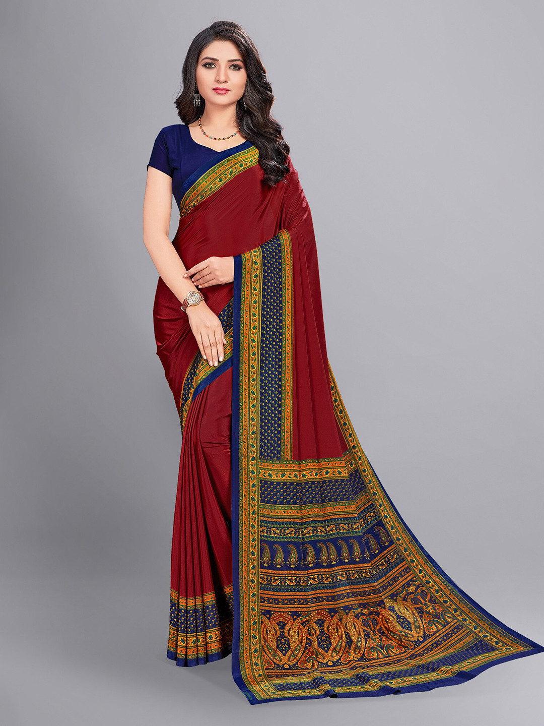 VIMLA Women's Red Crepe Silk Uniform Saree With Blouse