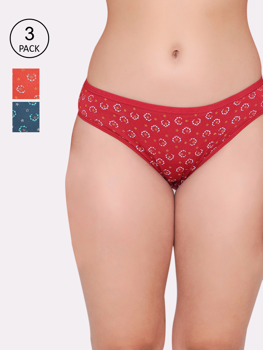 ABELINO Women Pack of 3 Red, Orange, Green Floral Printed Cotton Low-Rise Bikini Briefs