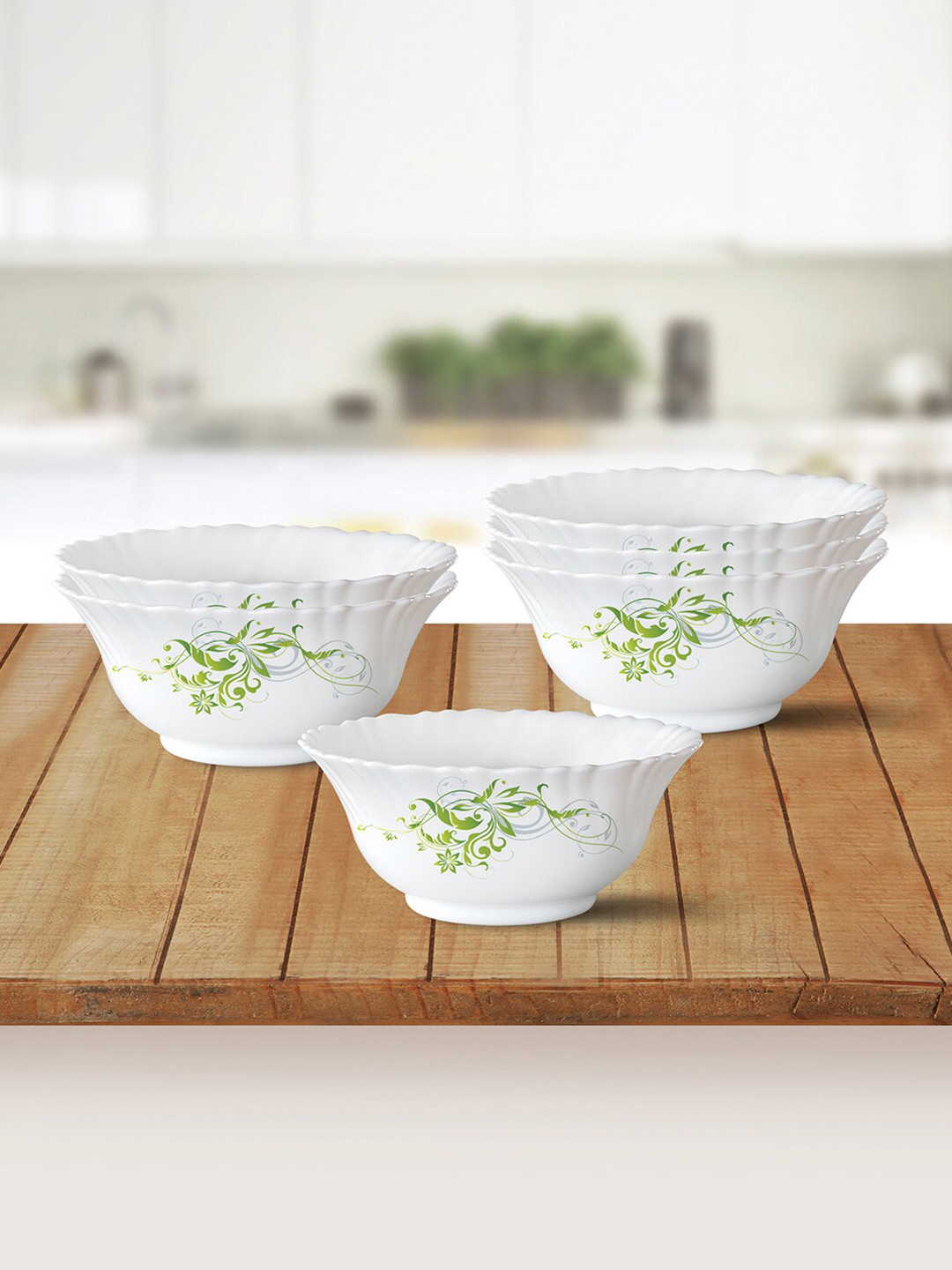 Larah by BOROSIL Adults White & Green 6 Pieces Floral Printed Opalware Glossy Veg Bowls