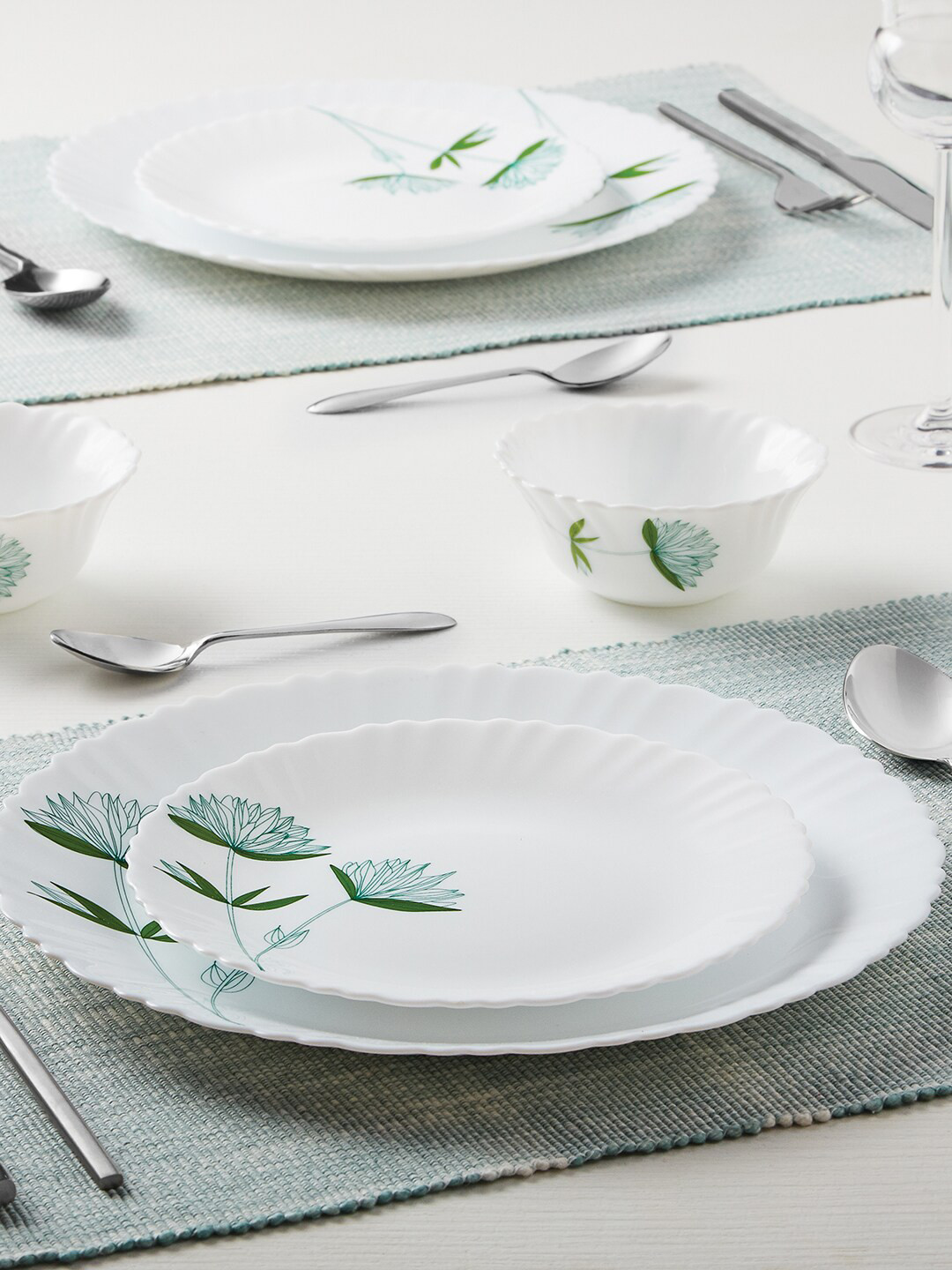 Larah by BOROSIL Green Lily White Floral Opalware Microwave Safe 27 Piece Dinner Set