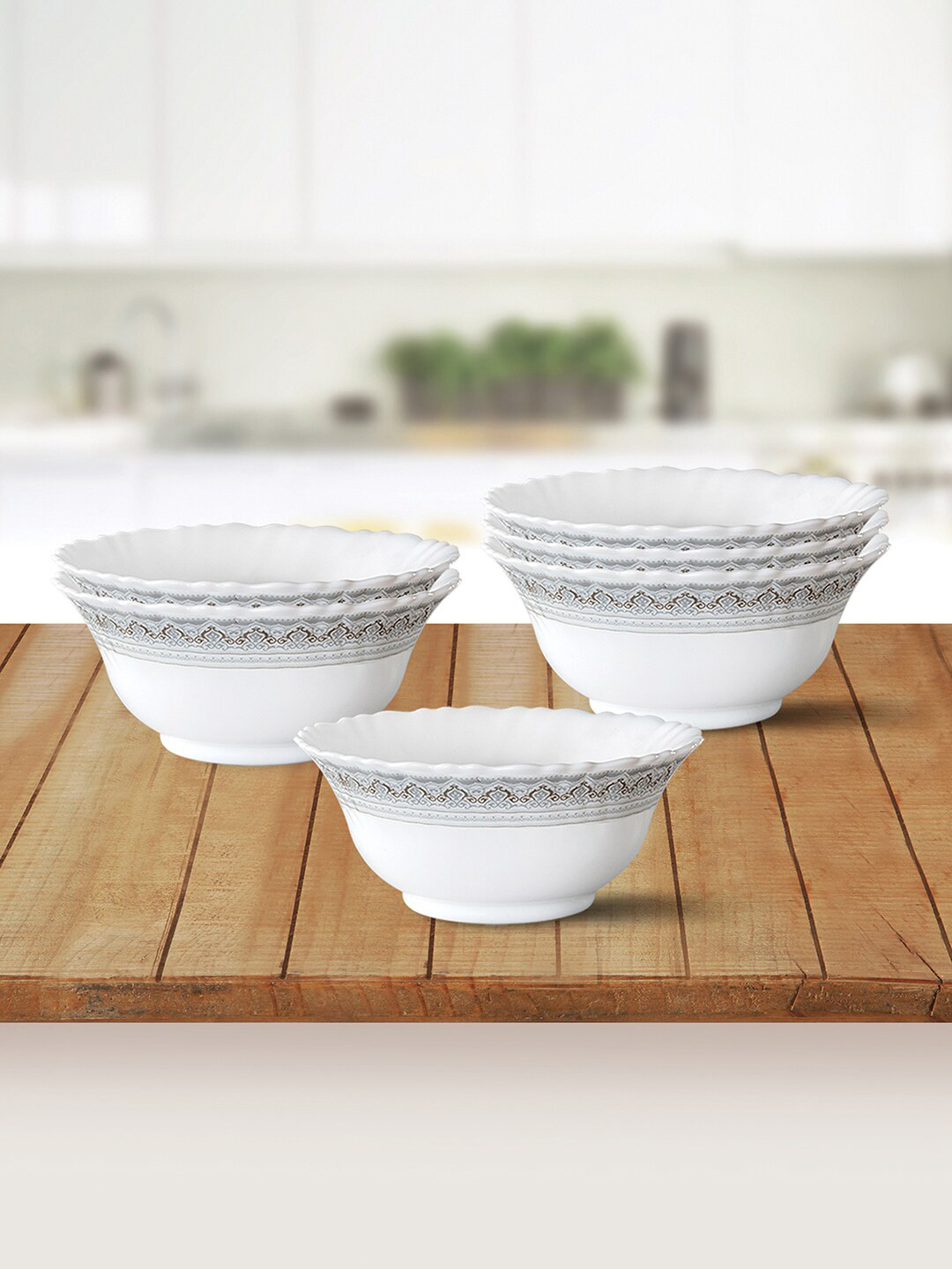 Larah by BOROSIL White & Grey 6 Pieces Floral Printed Opalware Glossy Bowls
