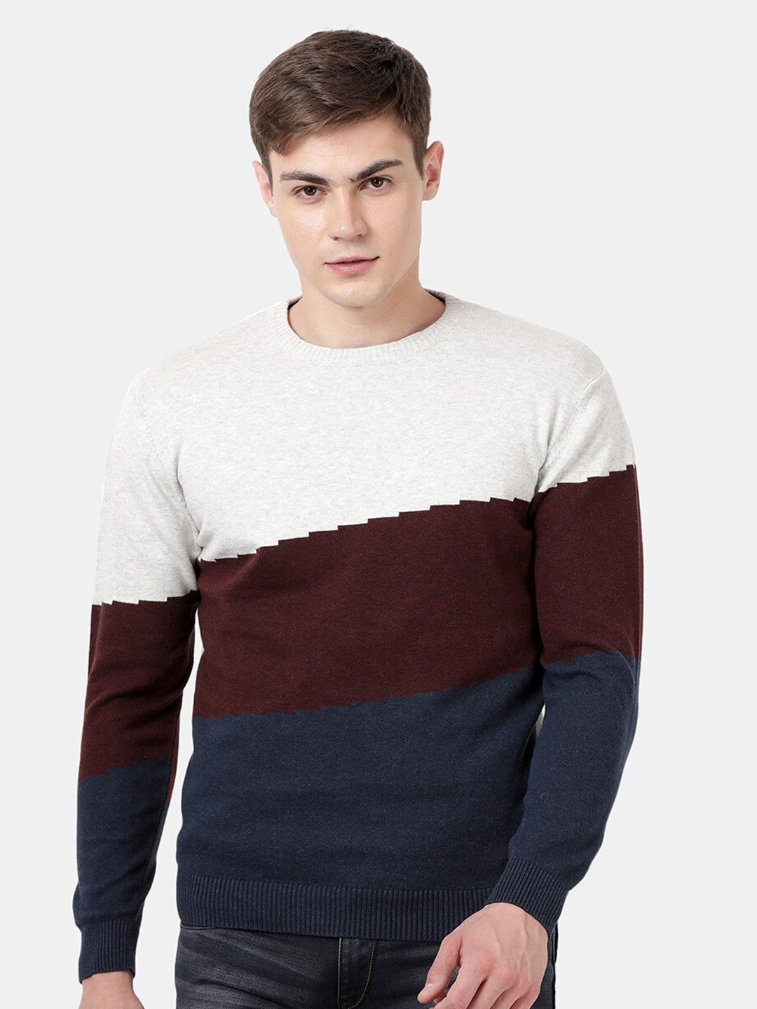 t-base Men Maroon & Blue Colourblocked Pullover