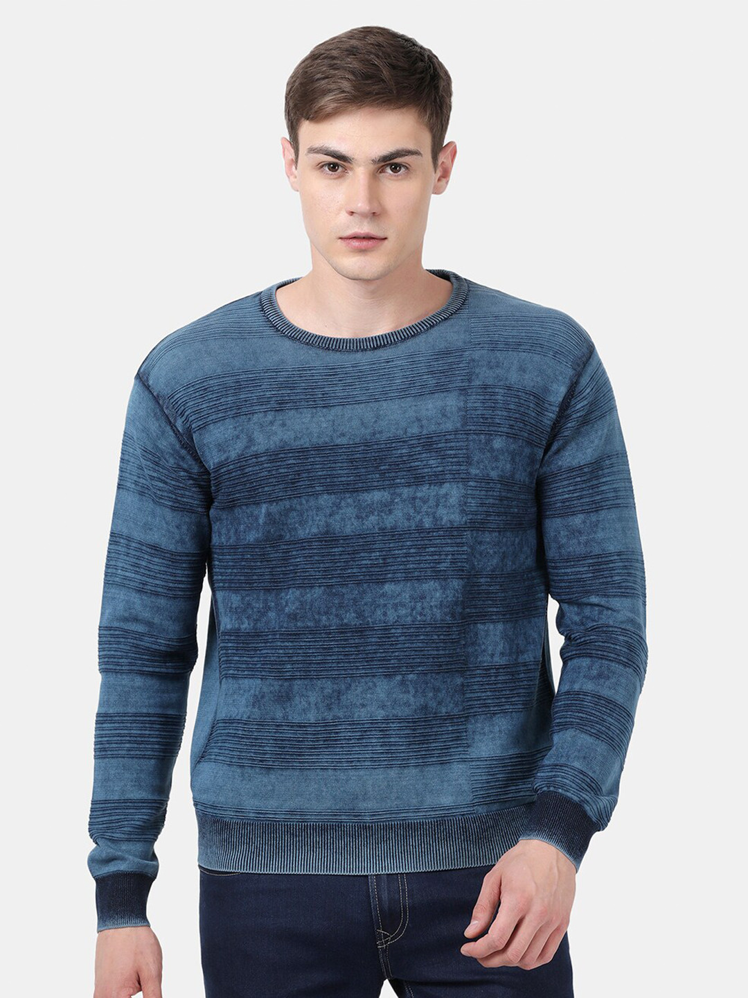 t-base Men's Indigo Solid Cotton Crewneck Sweater
