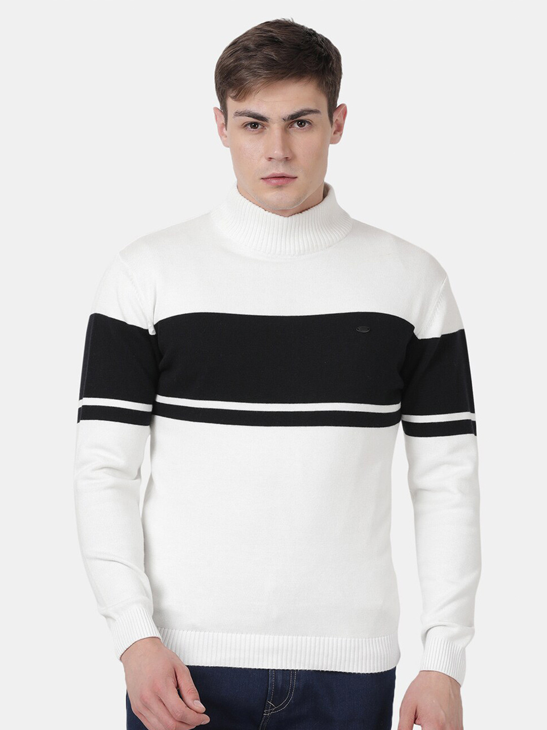 t-base Men Black & Off White Colourblocked Pullover