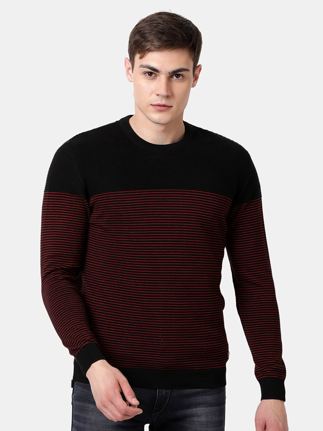 t-base Men Black & Red Striper Cotton Crewneck Sweater