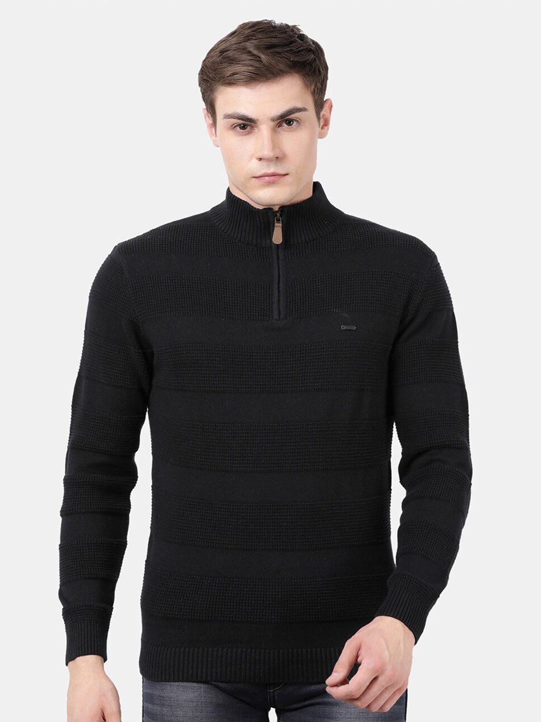 t-base Men's Black Mock Collar Sweater Vest