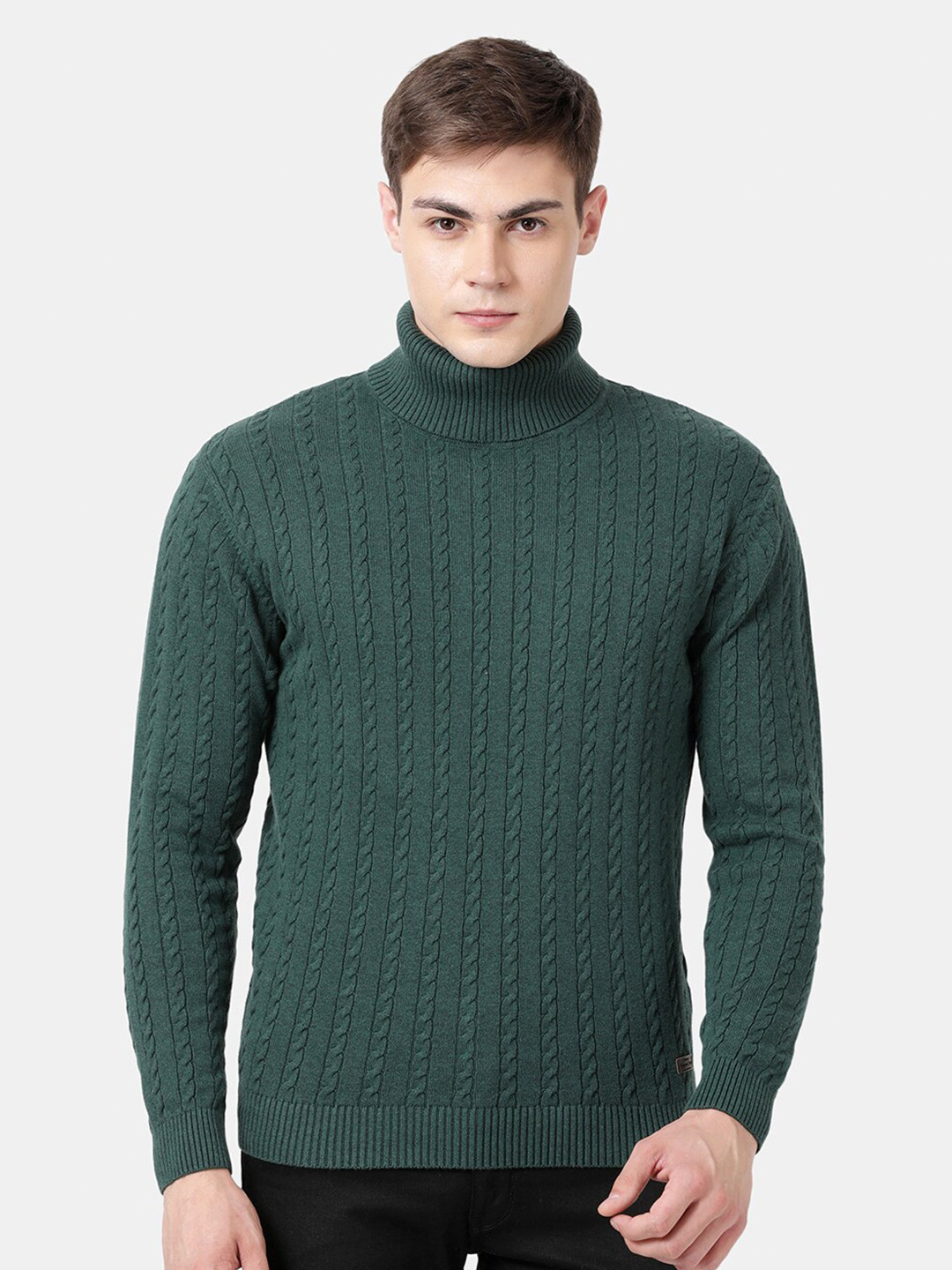 t-base Men Green Cable Knit Long sleeve Ribbed Pullover