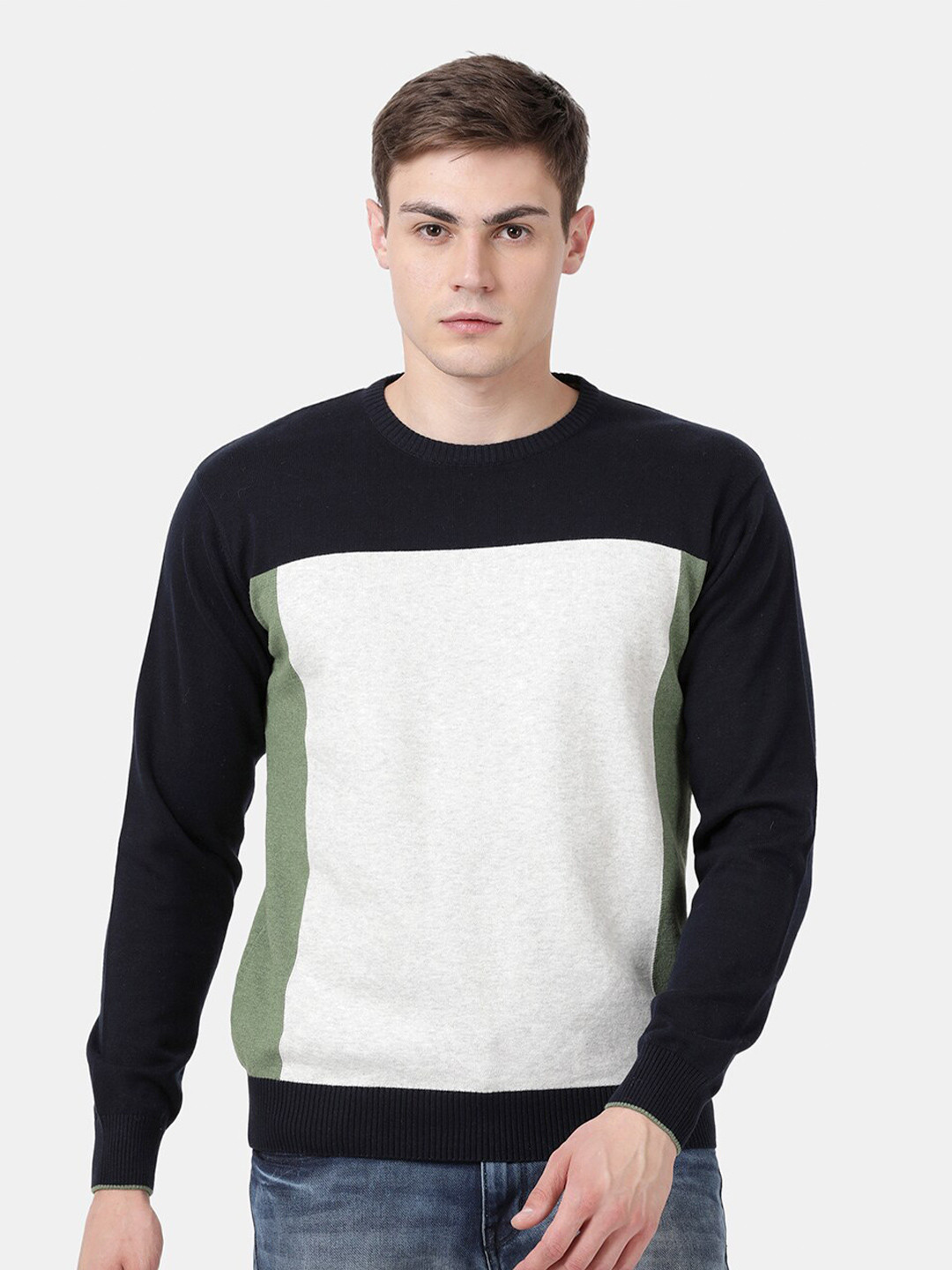 t-base Men's Bronze Green Melange Stylized Cotton Crewneck Sweater