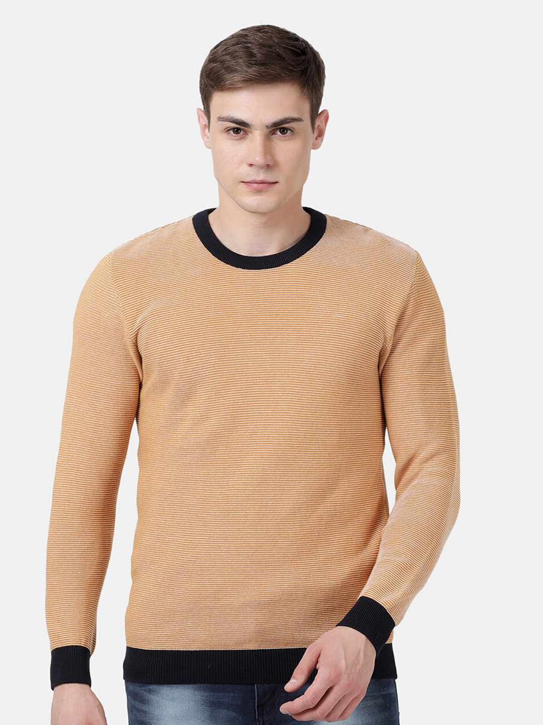 t-base Men Yellow & White Cable Knit Sweater