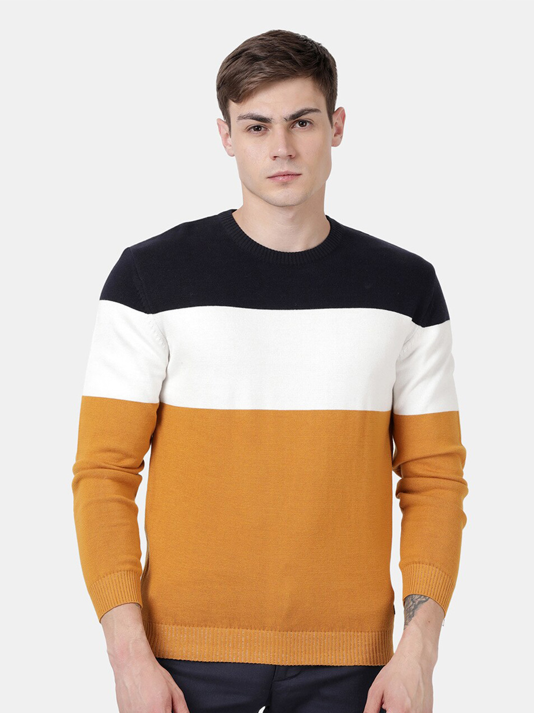 t-base Men's Yellow & White Colourblocked Pullover