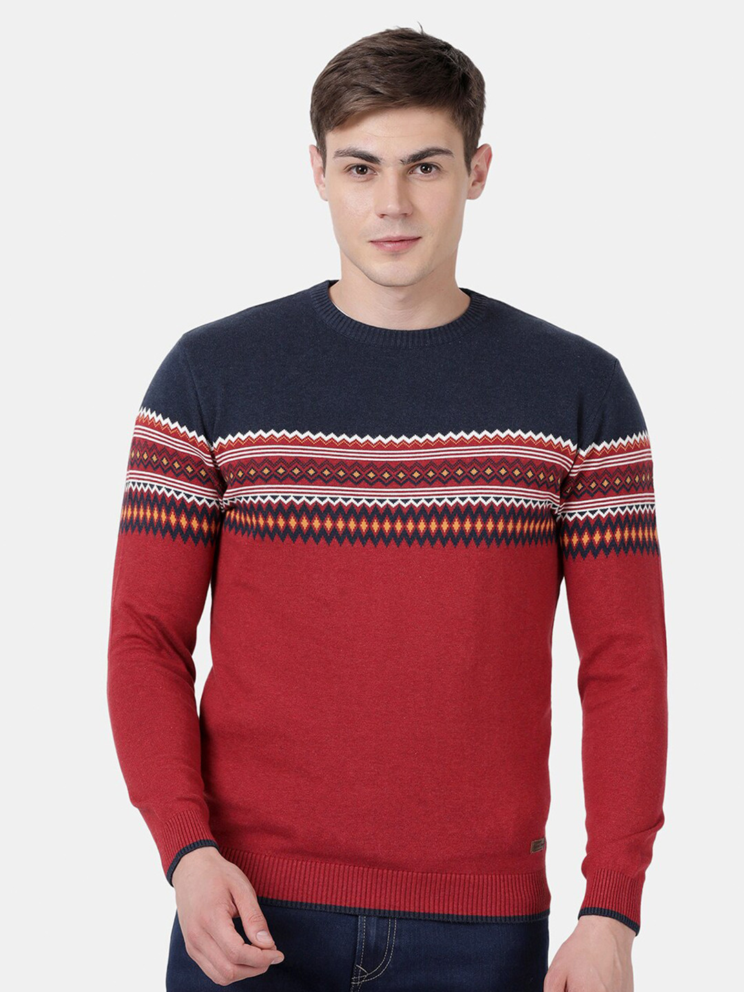 t-base Men Red & Blue Self Design Pullover