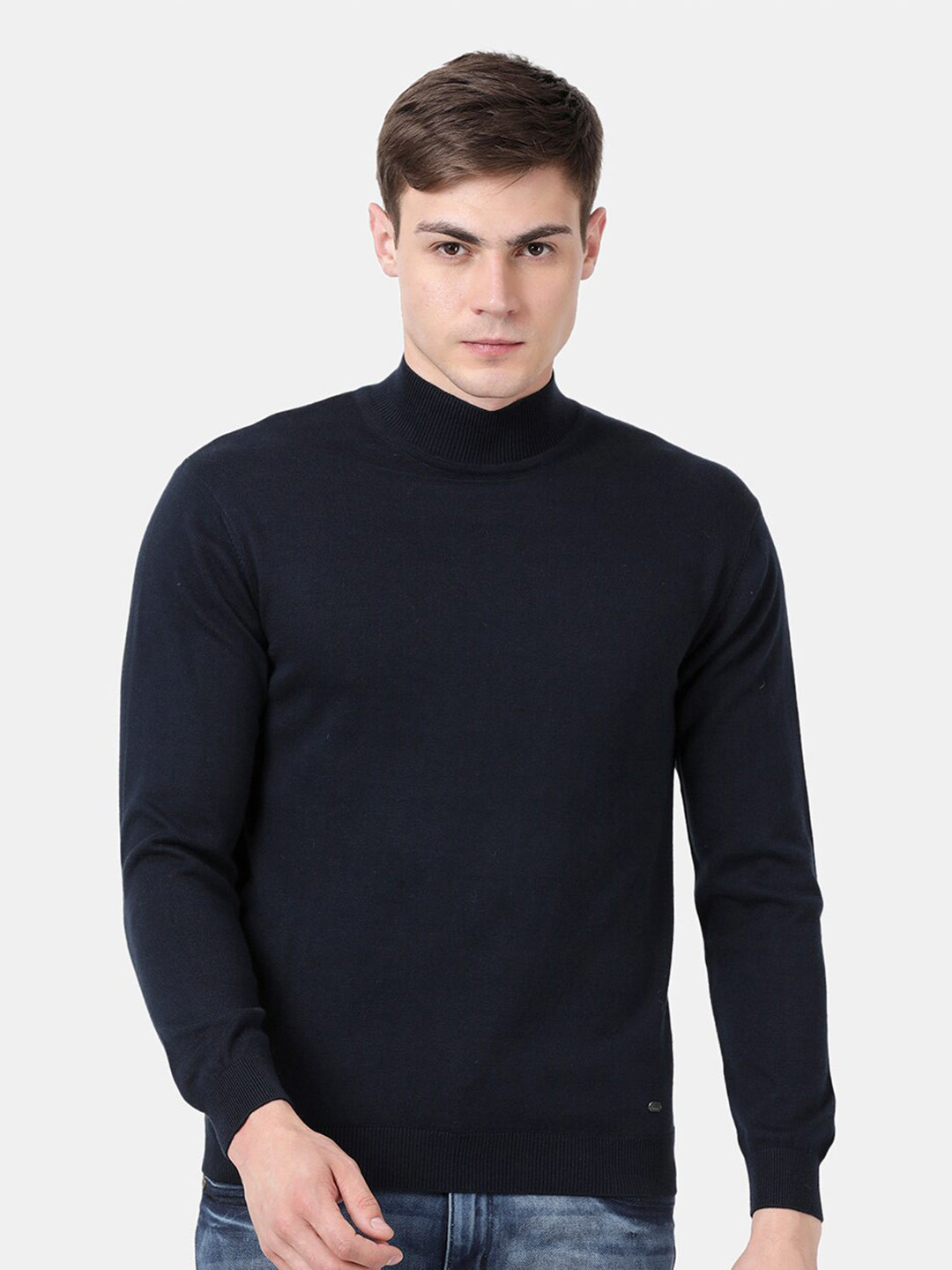 t-base Men Navy Blue Solid Cotton Modal Turtle Neck Sweater