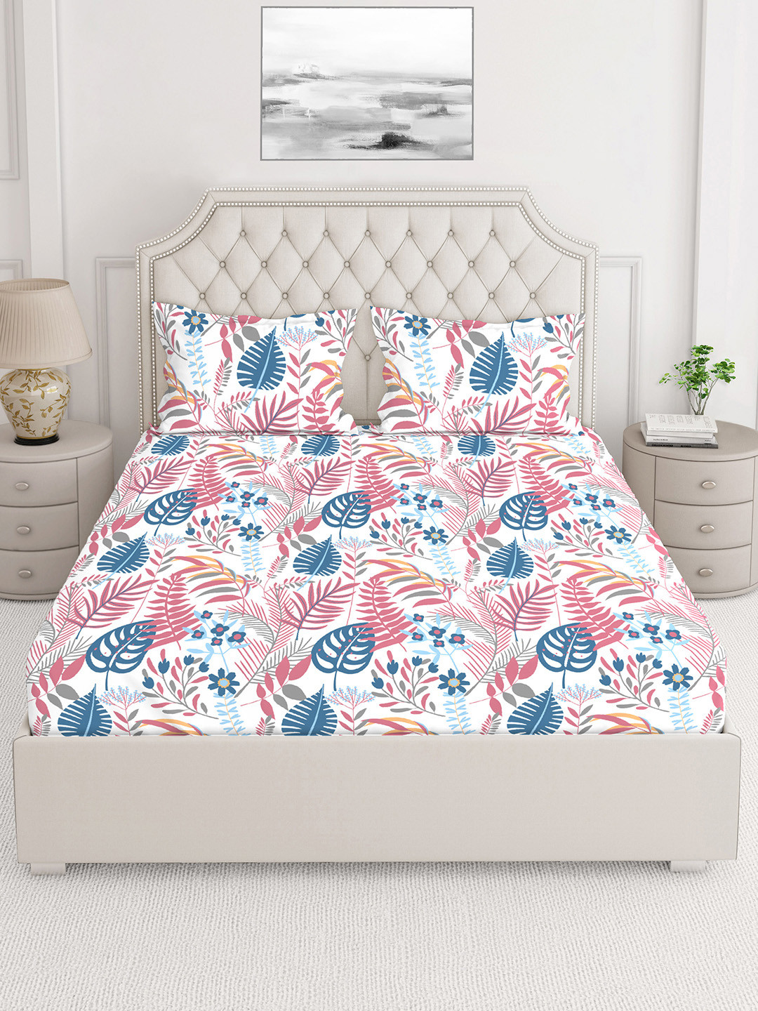 Layers Unisex Pink & White 1 Double Bedsheet & 2 Pillow Covers -TC 250