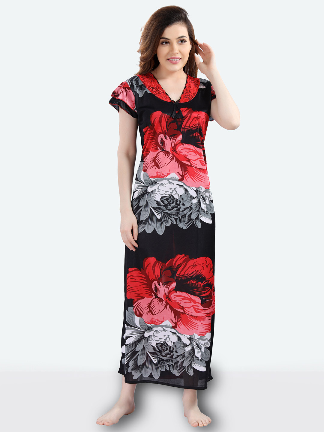 Romaisa Womens Red Printed Maxi Nightdress