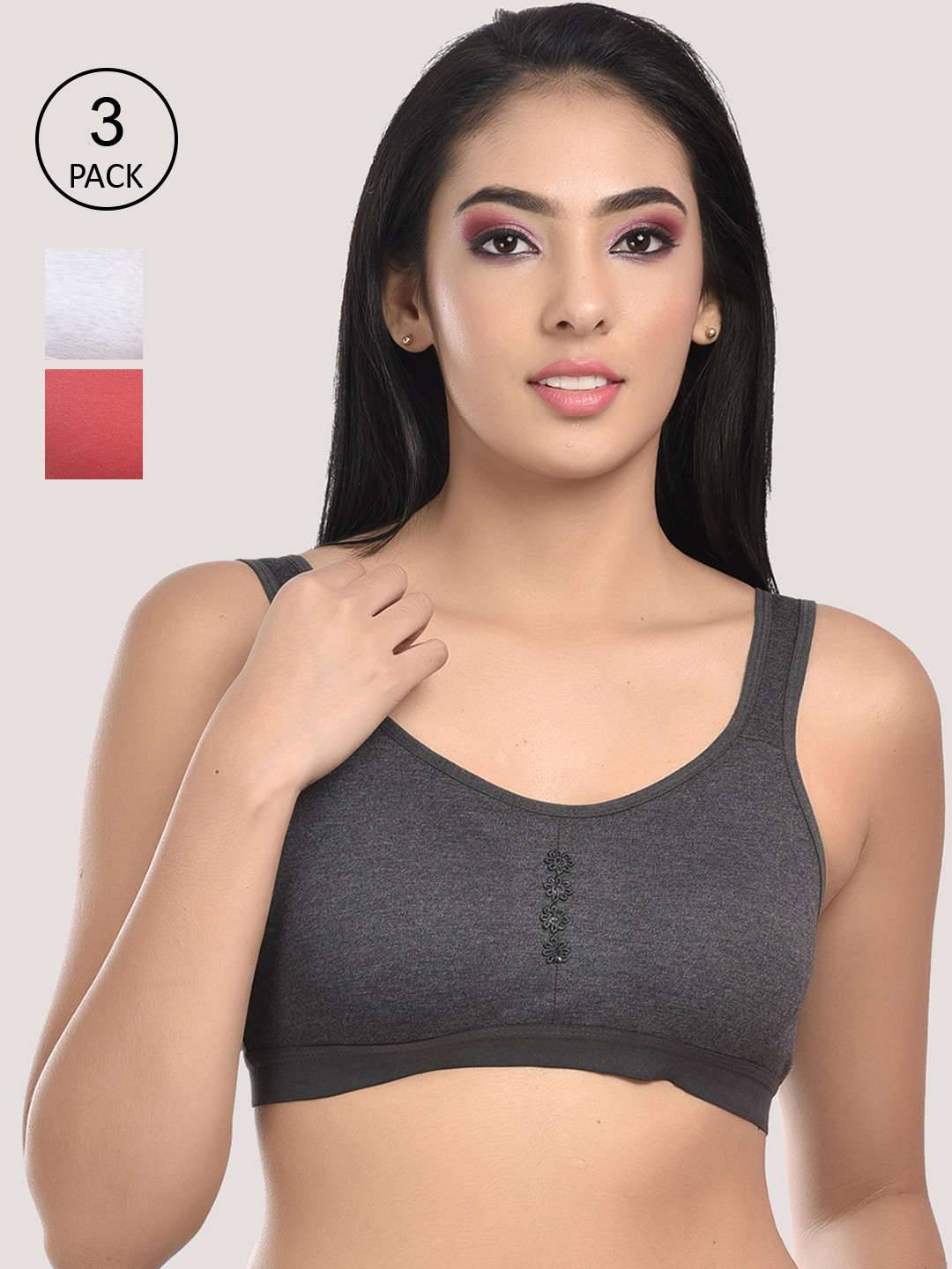 StyFun Women Pack 0f 3 Charcoal & White Non-Padded & Non-Wired Seamless Bra