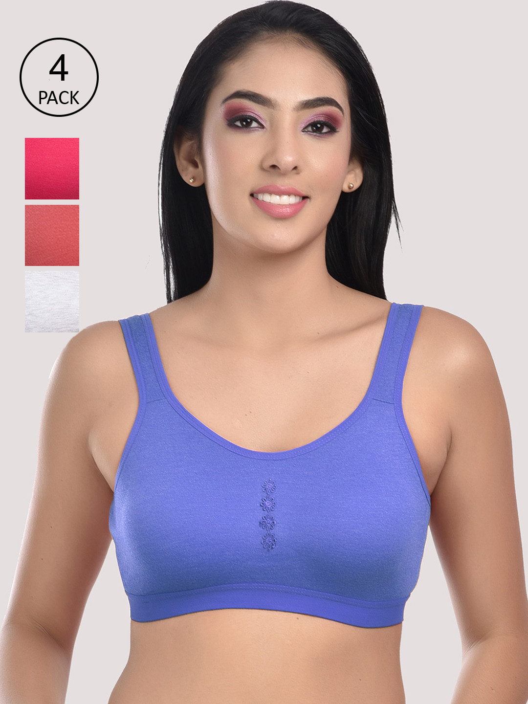 StyFun Women Pack Of 4 White & Red Cotton Blend Non-Wired Sports Bra