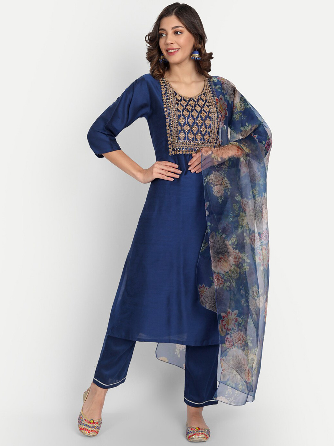 VredeVogel Women Blue Yoke Design Kurta with Trousers & With Dupatta