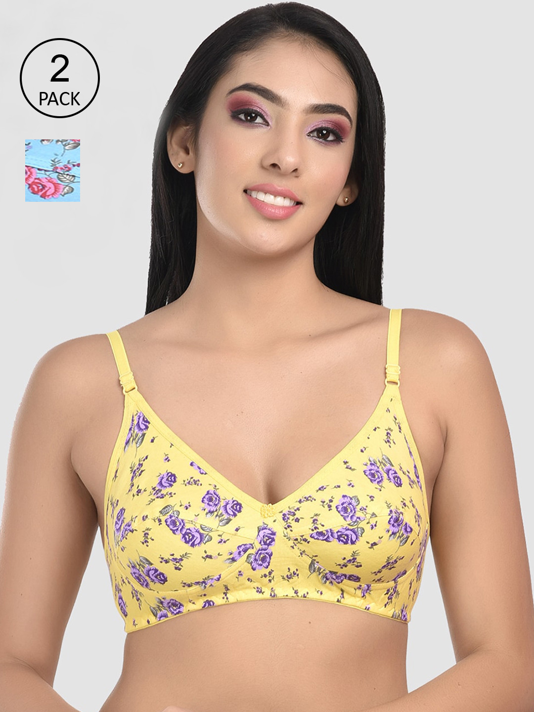 StyFun Pack Of 2 Blue & Yellow Floral Bra S_Rosy_Bra_BlueYellow-Multicolor