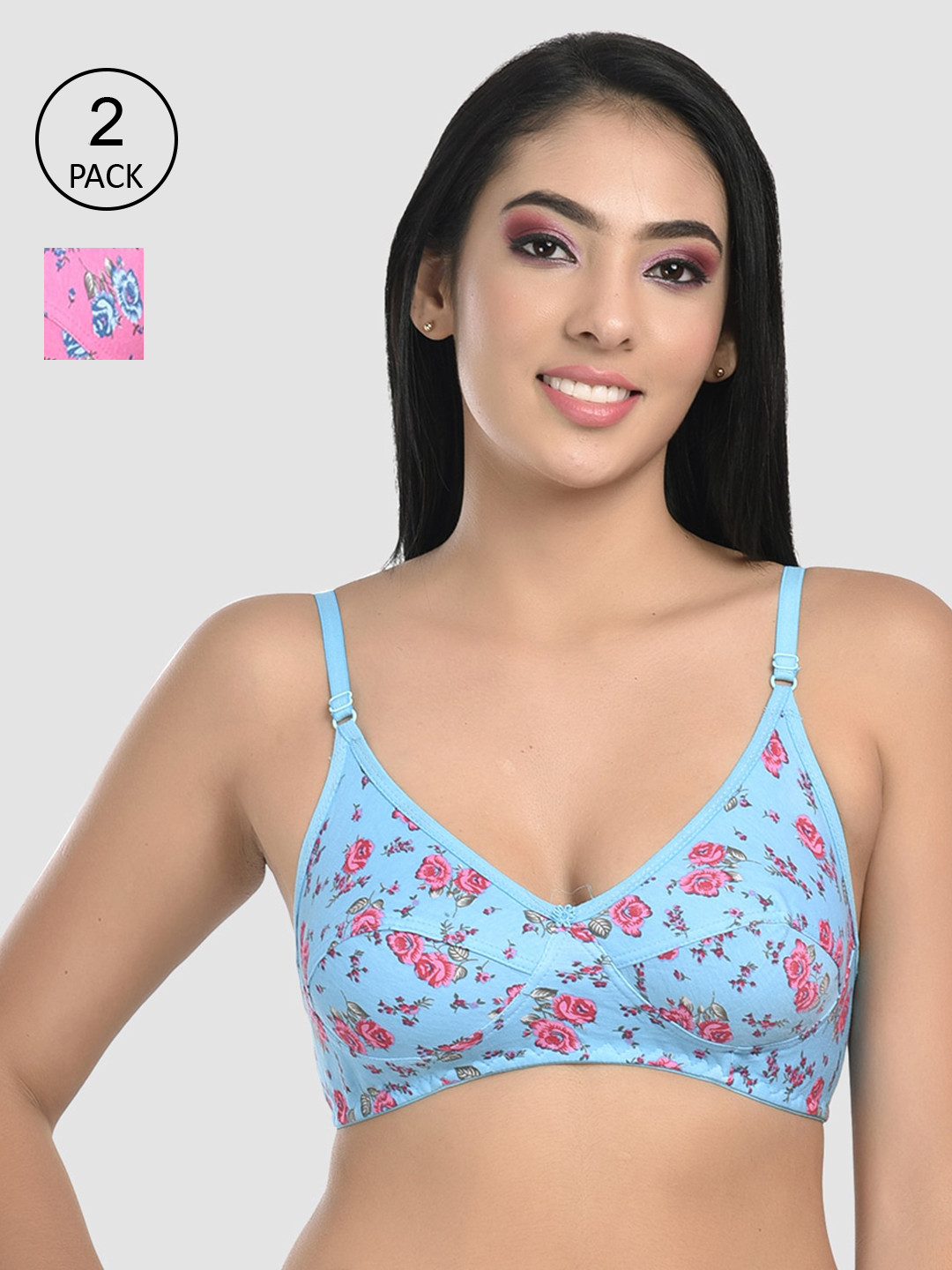 StyFun  Pack of 2 Blue & Pink Floral  Everyday Bra S_Rosy_Bra_BluePink