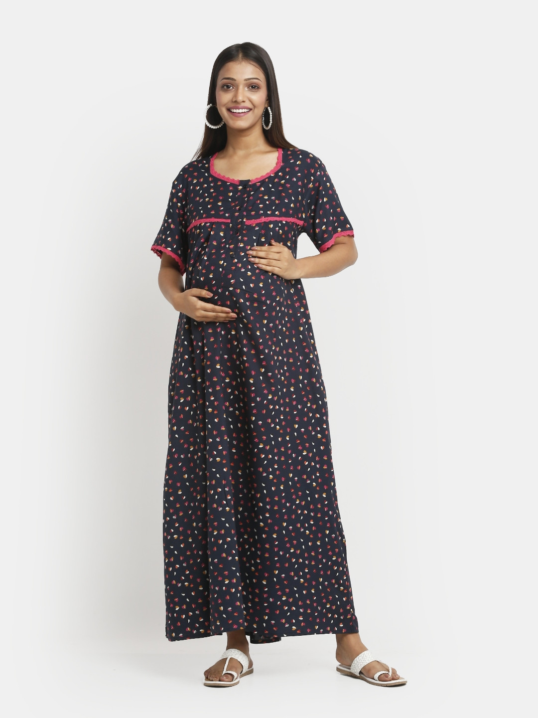 Mylo Maternity Navy Blue Printed Maxi Nightdress