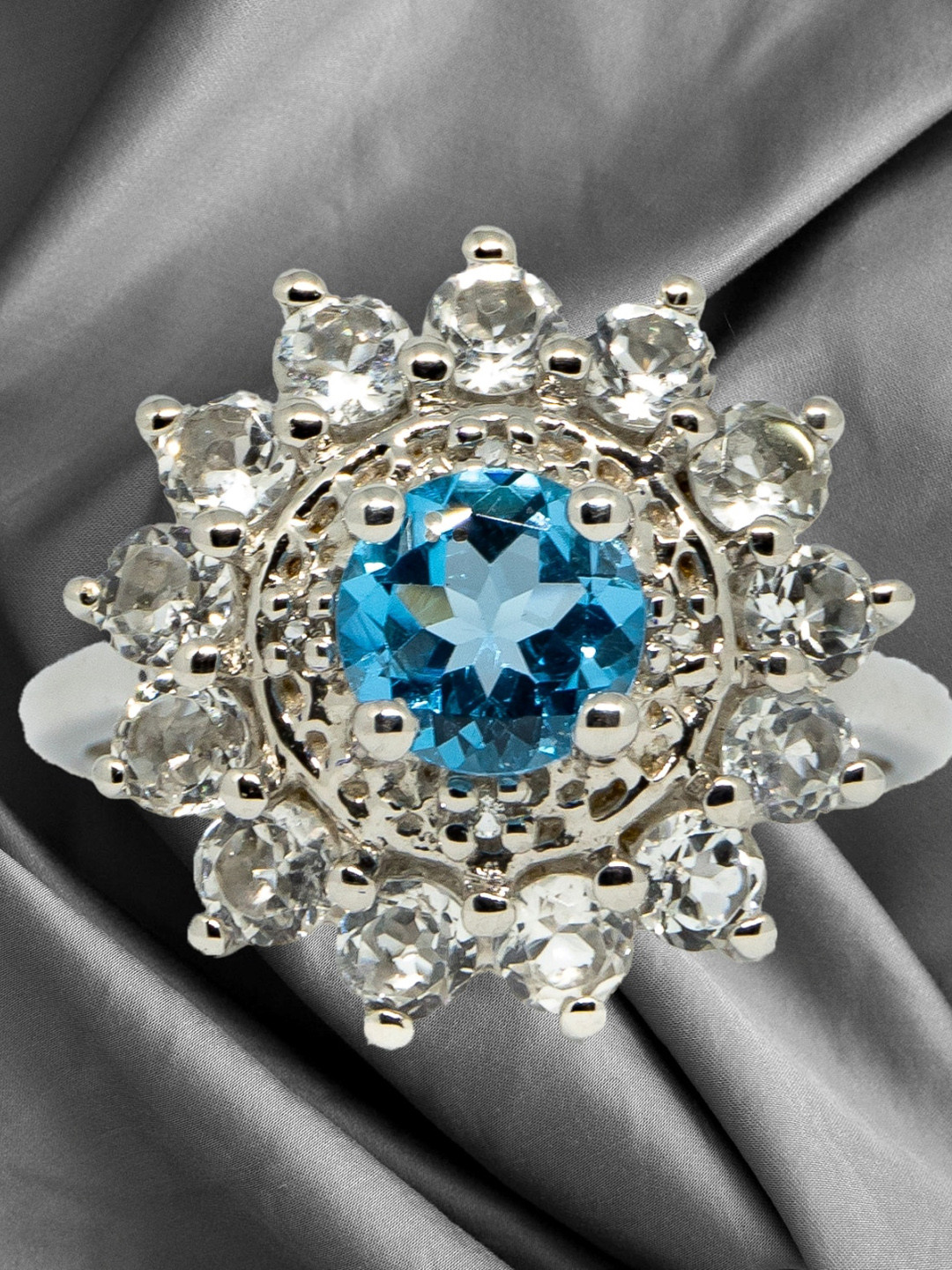 HIFLYER JEWELS Women Rhodium-Plated 925 Sterling Silver Blue Stone Studded Finger Ring