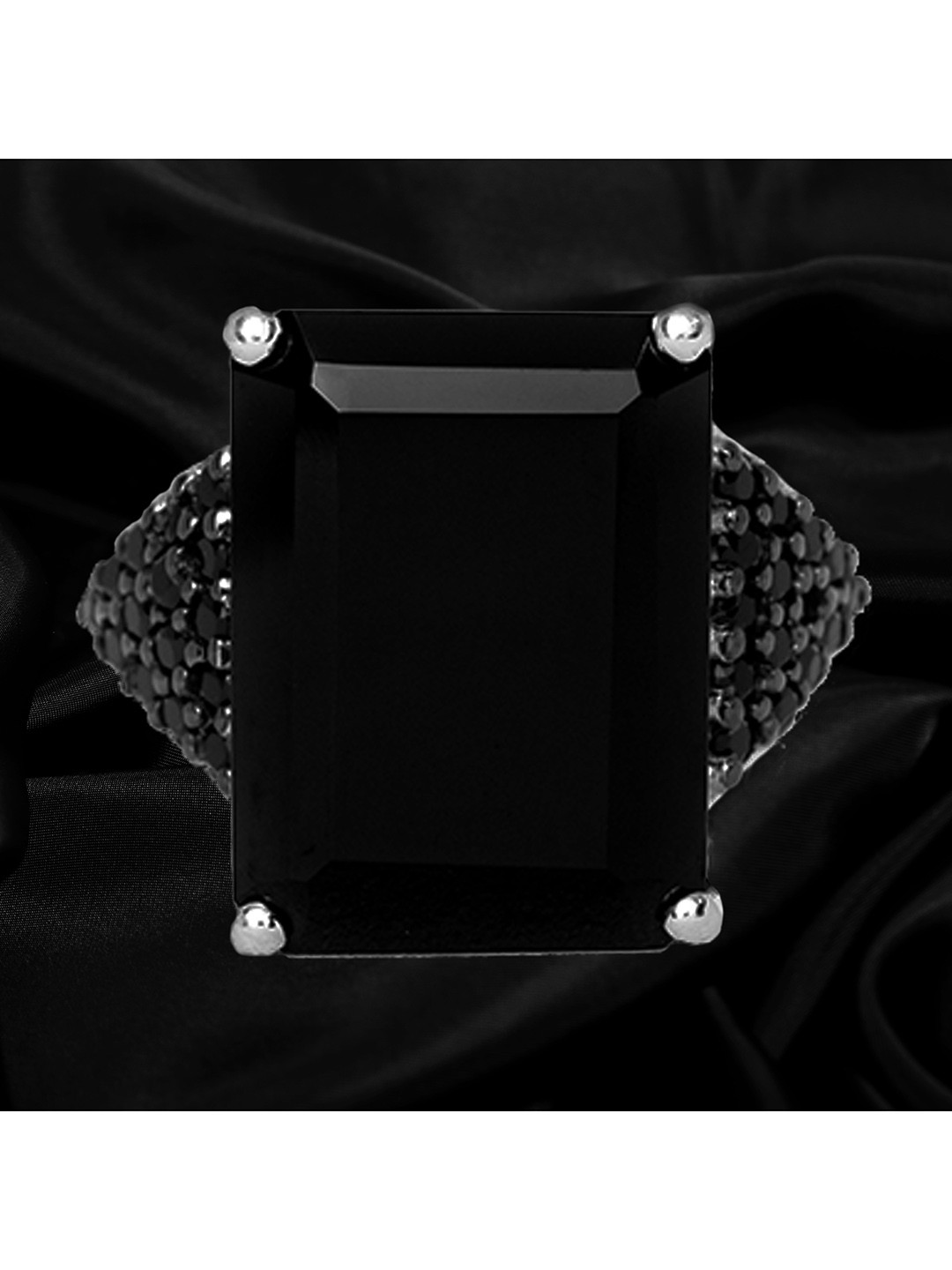 HIFLYER JEWELS 92.5 womens Sterling Silver Rhodium-Plated Black Stone-Studded Finger Ring