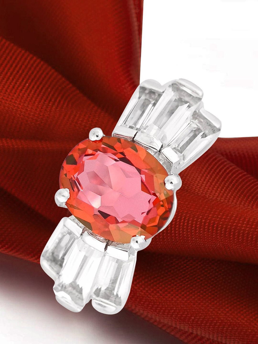 HIFLYER JEWELS  Rhodium-Plated  Silver-Toned Red Gemstone Studded Finger Ring