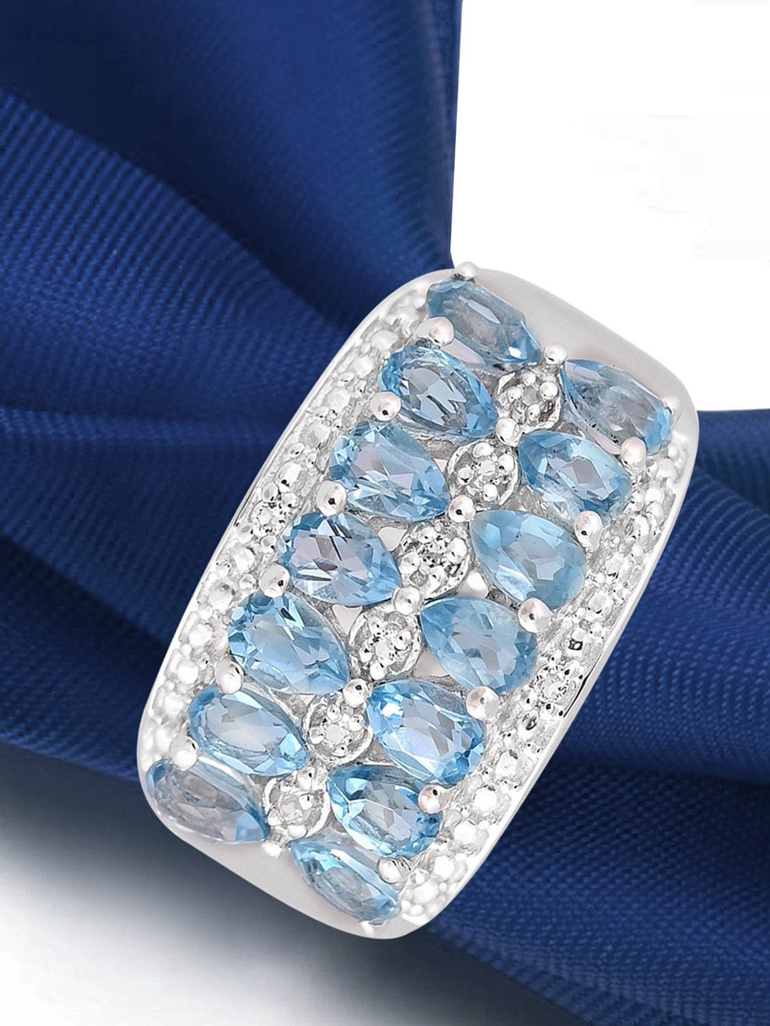 HIFLYER JEWELS Rhodium-Plated 925 Sterling Silver Blue Stone Studded Finger Ring