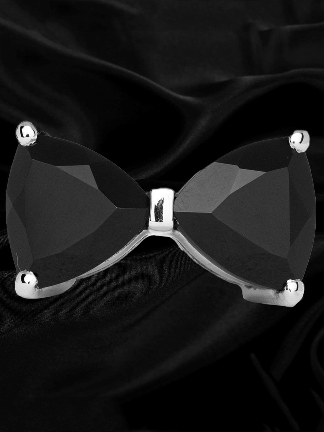 HIFLYER JEWELS Rhodium-Plated Silver-Toned & Black Spinel Gemstone-Studded Finger Ring