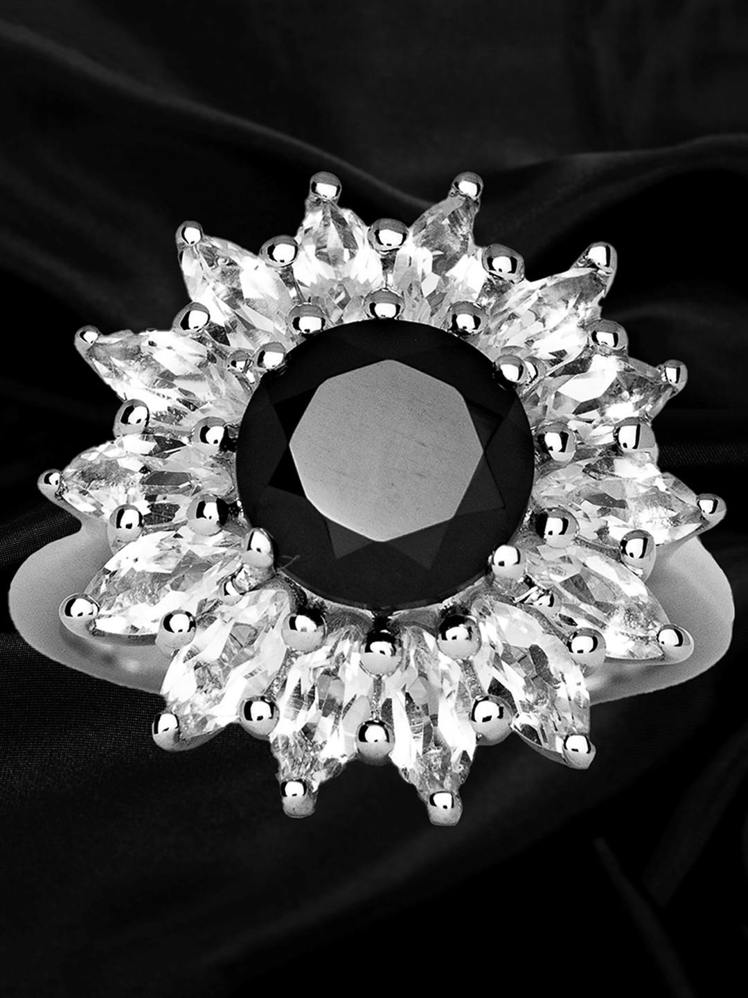 HIFLYER JEWELS Rhodium-Plated 925 Sterling Silver Black Stone Studded Finger Ring