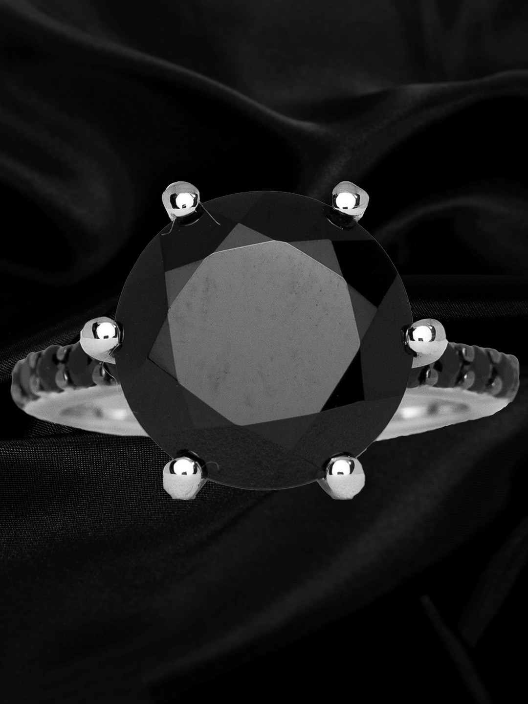 HIFLYER JEWELS Rhodium-Plated 925 Sterling Silver Black Stone Studded Finger Ring