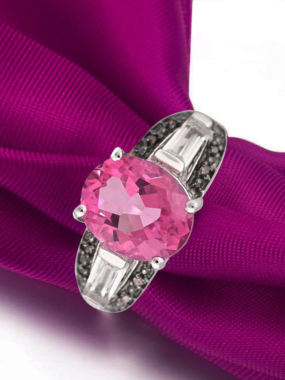 HIFLYER JEWELS Rhodium-Plated Silver-Toned & Pink Topaz Diamond Gemstone-Studded Finger Ring